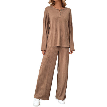 Textured Knit Two-Piece Set with Henley Top and Wide-Leg Pants