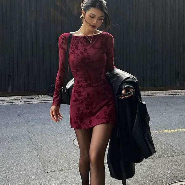 Floral Mesh Bodycon Mini Dress with Crewneck and Long Sleeves