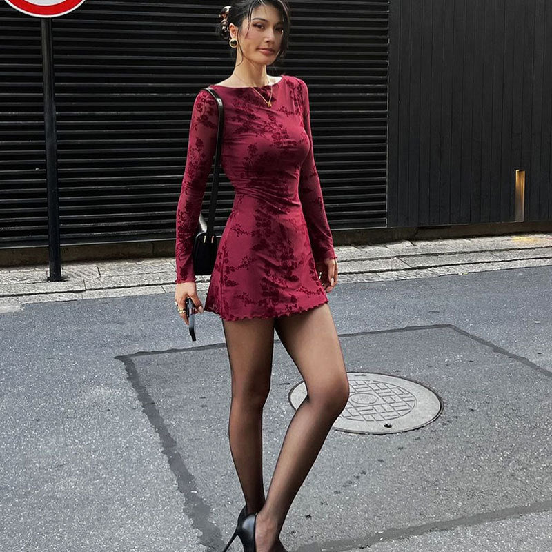 Floral Mesh Bodycon Mini Dress with Crewneck and Long Sleeves
