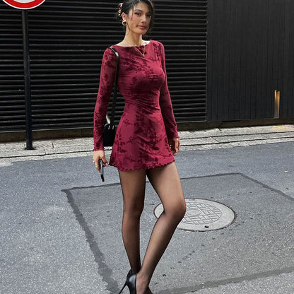 Floral Mesh Bodycon Mini Dress with Crewneck and Long Sleeves