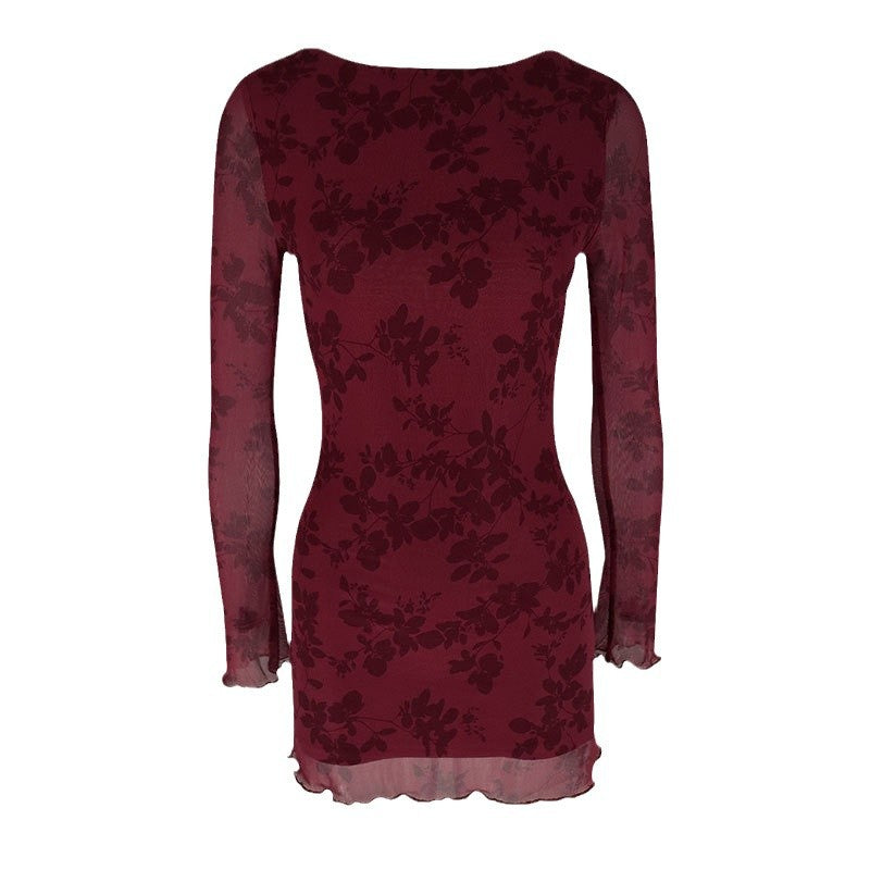Floral Mesh Bodycon Mini Dress with Crewneck and Long Sleeves