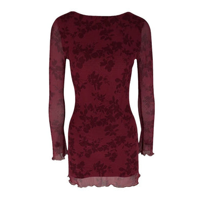 Floral Mesh Bodycon Mini Dress with Crewneck and Long Sleeves