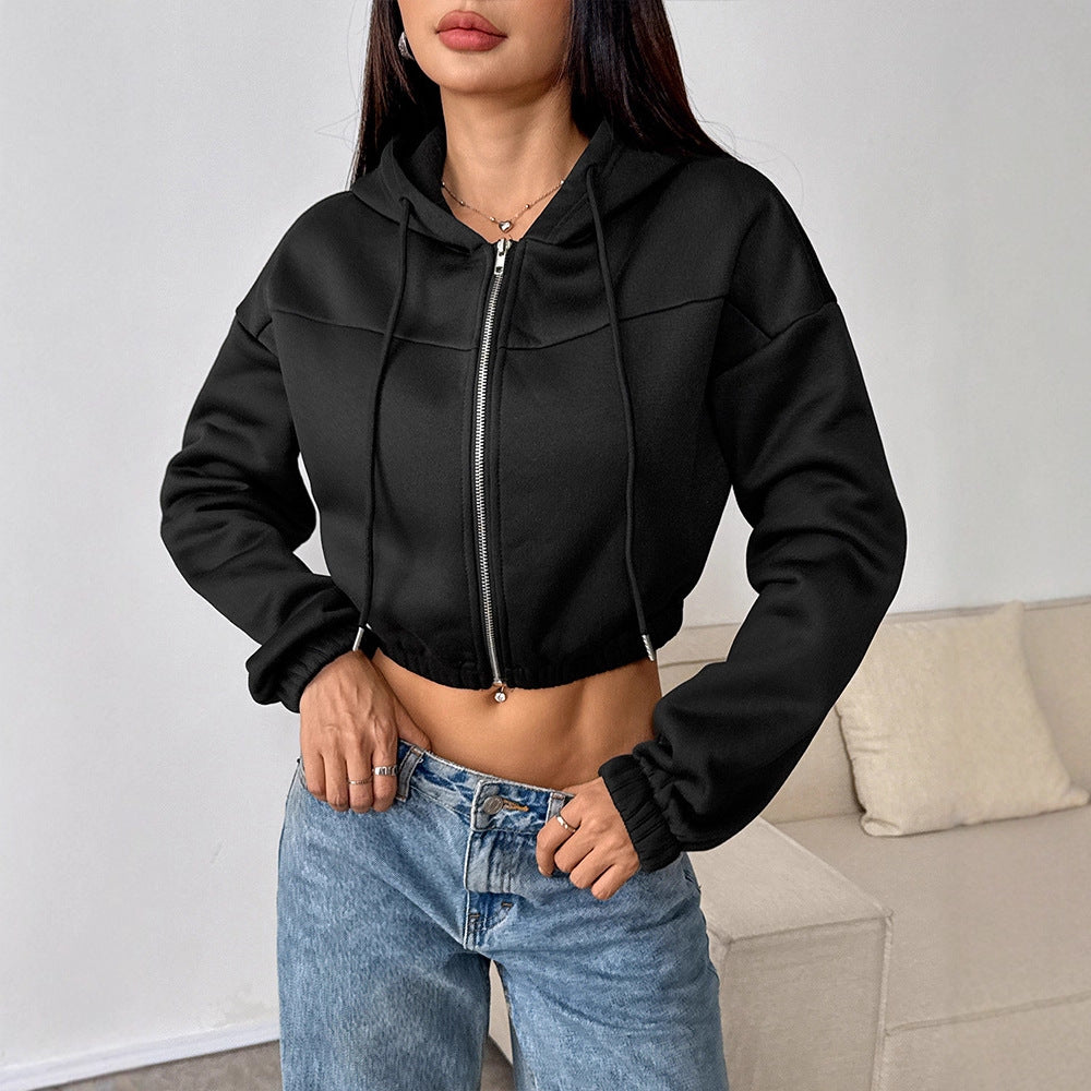 Slim Fit Cropped Zip-Up Hoodie with Drawstring