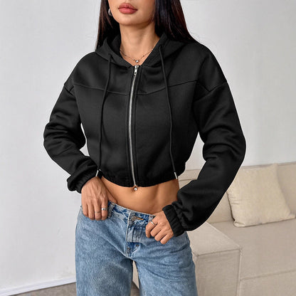 Slim Fit Cropped Zip-Up Hoodie with Drawstring