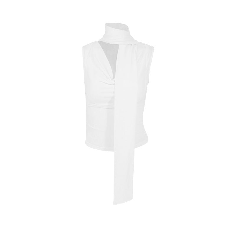 Ruched Sleeveless Top with Cowl Neck and Scarf Tie