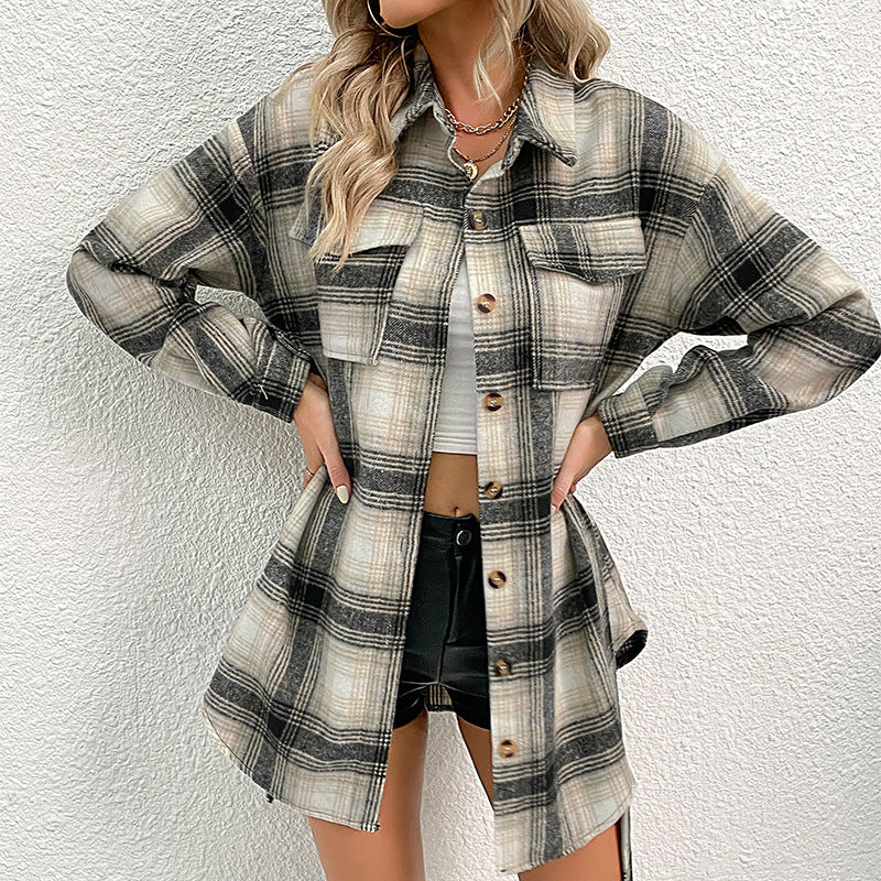 Plaid Long-Sleeve Shacket with Tie-Waist and Lapel