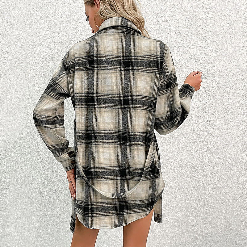 Plaid Long-Sleeve Shacket with Tie-Waist and Lapel