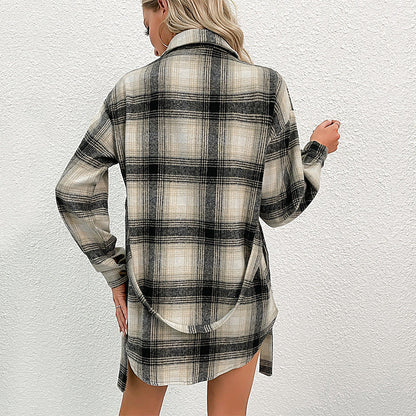 Plaid Long-Sleeve Shacket with Tie-Waist and Lapel