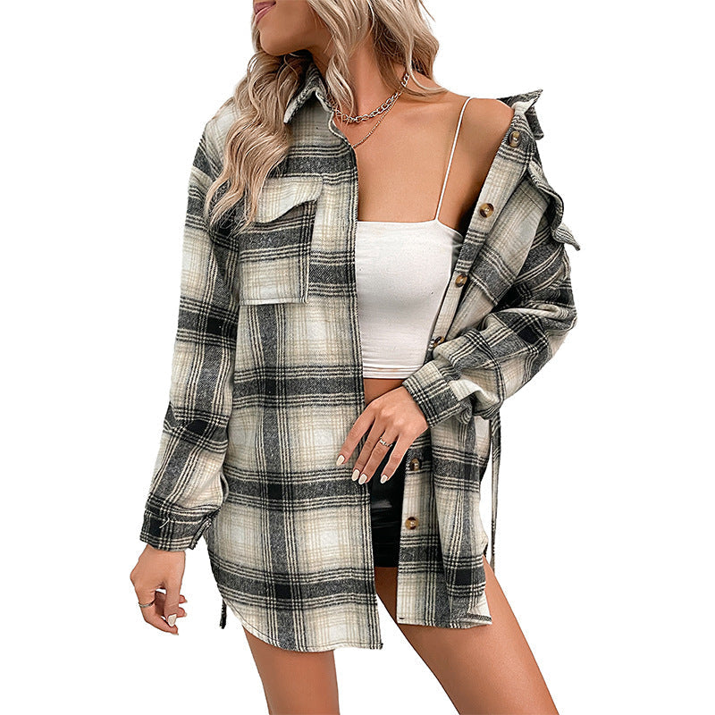 Plaid Long-Sleeve Shacket with Tie-Waist and Lapel