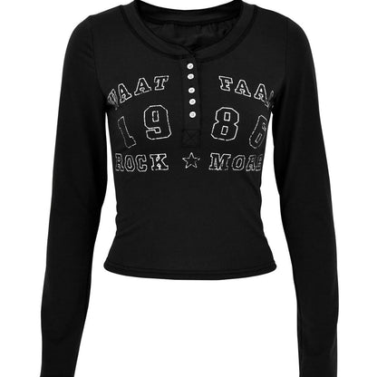 Graphic Print Slim Fit Henley Top with Long Sleeves