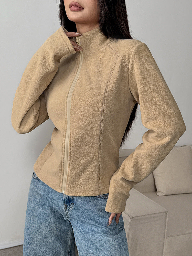 Slim Fit Solid Color Fleece Jacket with Stand Collar