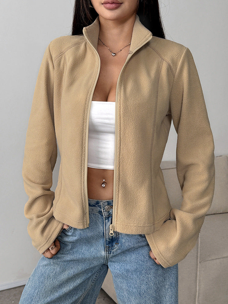 Slim Fit Solid Color Fleece Jacket with Stand Collar
