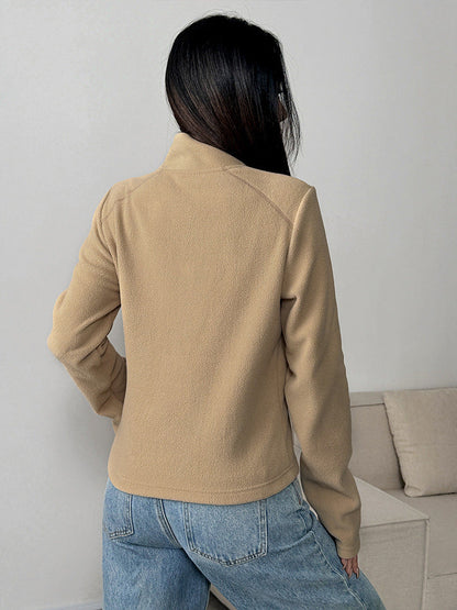 Slim Fit Solid Color Fleece Jacket with Stand Collar