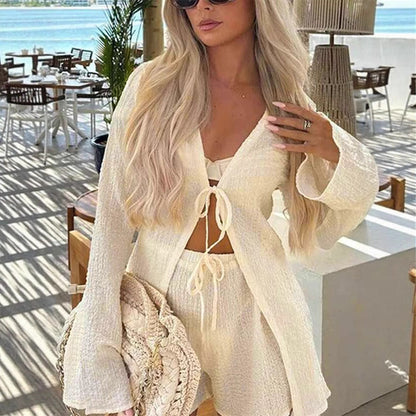 Textured Bell Sleeve Two-Piece Set with Lace-Up Front
