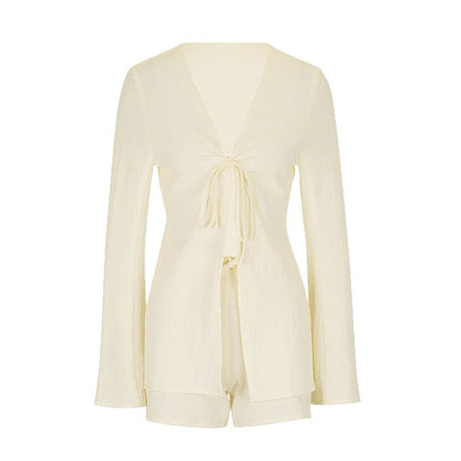 Textured Bell Sleeve Two-Piece Set with Lace-Up Front