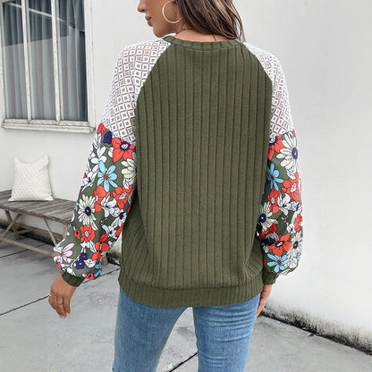 Ribbed Knit Pullover with Floral Print Contrast Raglan Sleeves