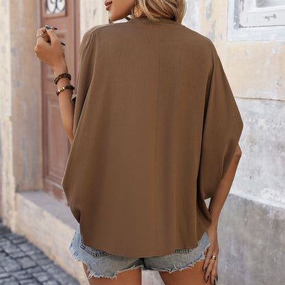 Loose Fit Batwing Sleeve Top with V-Neck and Slit Detail