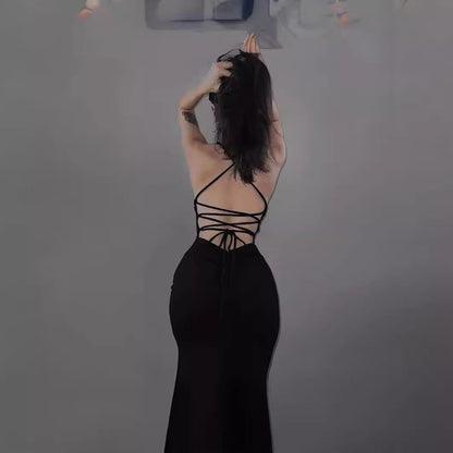 Halter Neck Bodycon Dress with Lace-Up Back and Slit