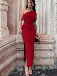 Bodycon One-Shoulder Maxi Dress with Ruched Detailing
