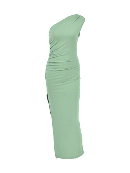 Bodycon One-Shoulder Maxi Dress with Ruched Detailing
