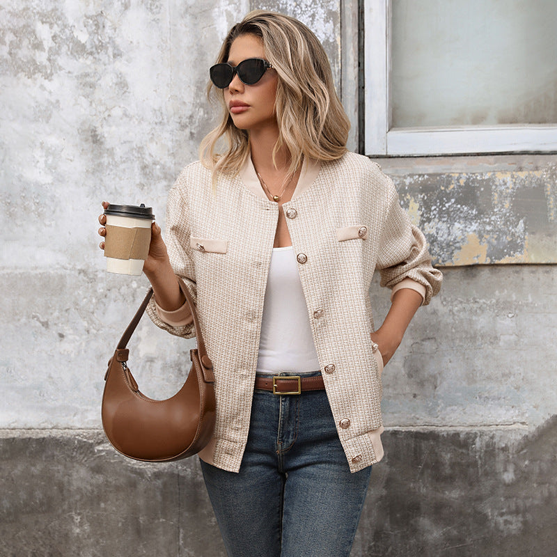 Plaid Baseball Collar Bomber Jacket with Button Front
