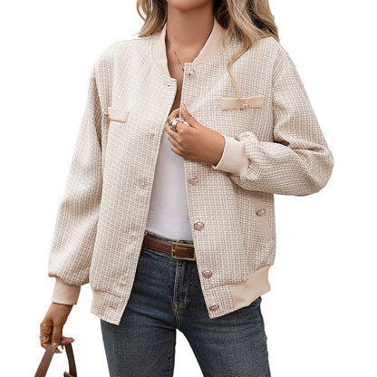 Plaid Baseball Collar Bomber Jacket with Button Front