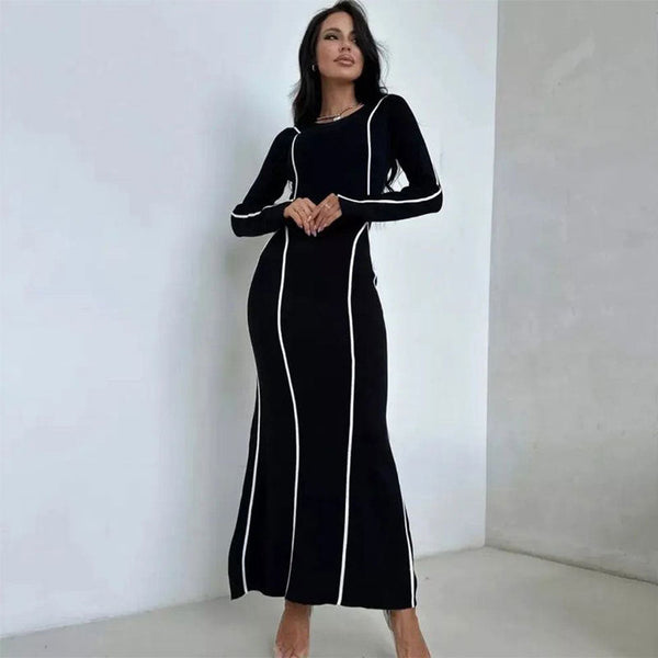 Bodycon Maxi Dress with Contrast Piping and Long Sleeves