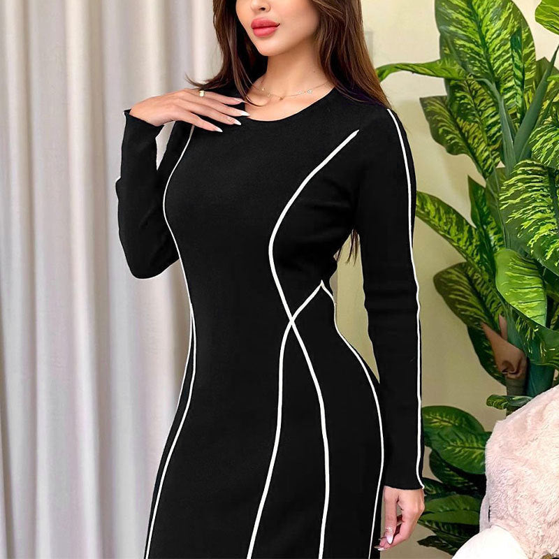 Bodycon Maxi Dress with Contrast Piping and Long Sleeves