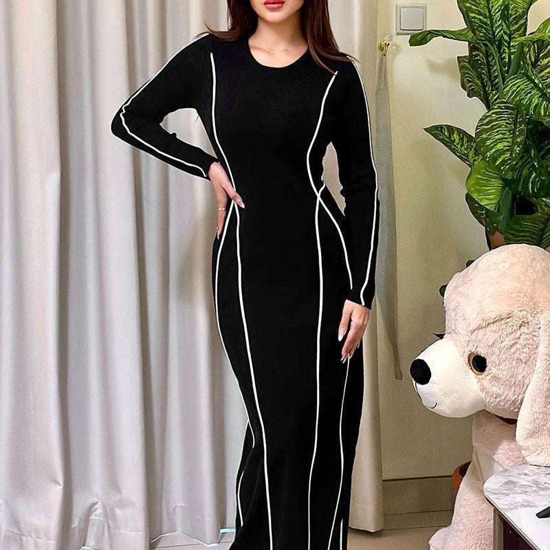 Bodycon Maxi Dress with Contrast Piping and Long Sleeves