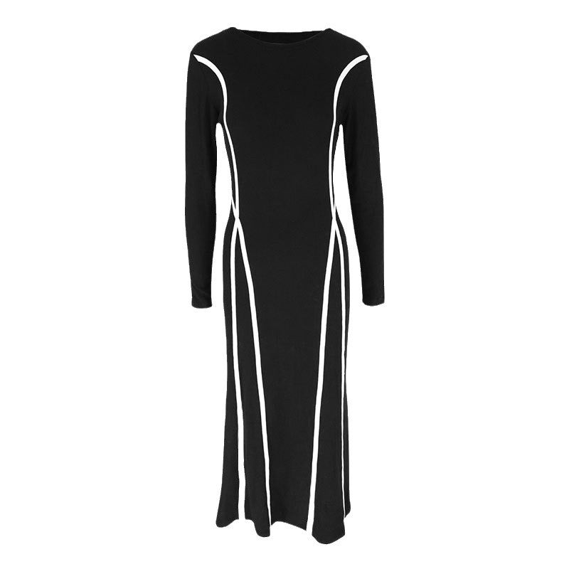 Bodycon Maxi Dress with Contrast Piping and Long Sleeves