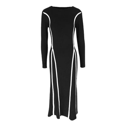 Bodycon Maxi Dress with Contrast Piping and Long Sleeves
