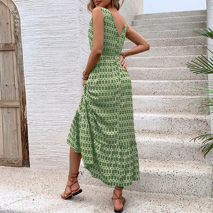 Geometric Print A-Line Midi Dress with V-Neck and Tie Waist