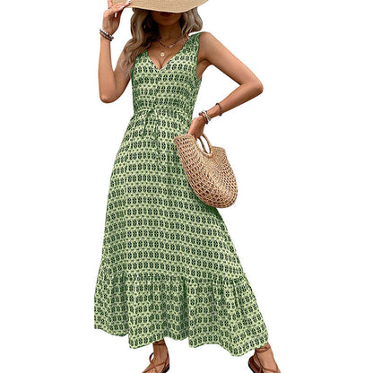 Geometric Print A-Line Midi Dress with V-Neck and Tie Waist