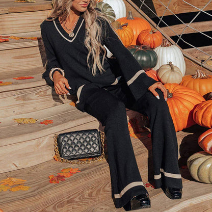 Wide-Leg Knit Two-Piece Set with V-Neck and Contrast Trim