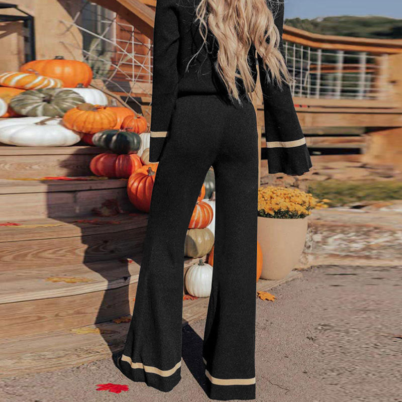 Wide-Leg Knit Two-Piece Set with V-Neck and Contrast Trim
