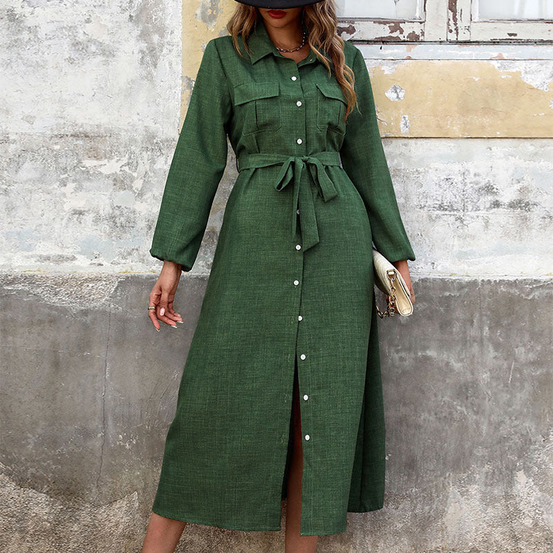 A-Line Midi Shirt Dress with Lapel Collar and Pockets