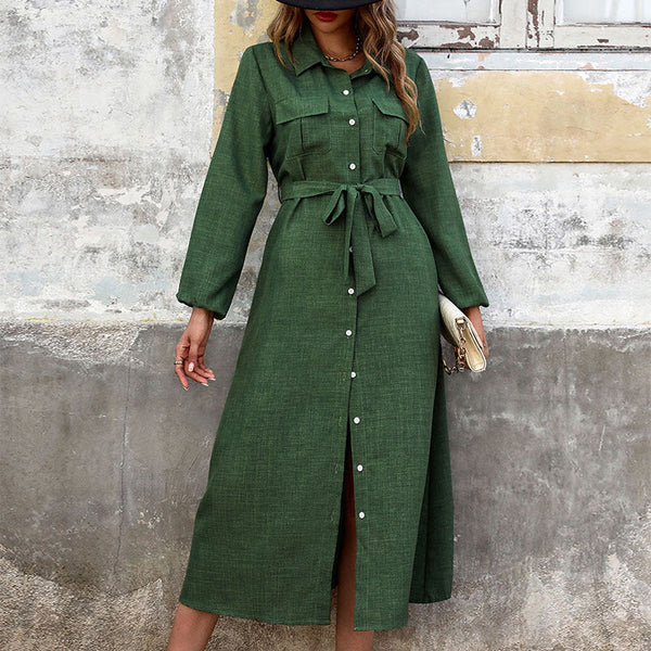 A-Line Midi Shirt Dress with Lapel Collar and Pockets