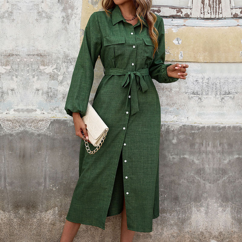 A-Line Midi Shirt Dress with Lapel Collar and Pockets