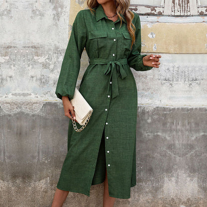 A-Line Midi Shirt Dress with Lapel Collar and Pockets