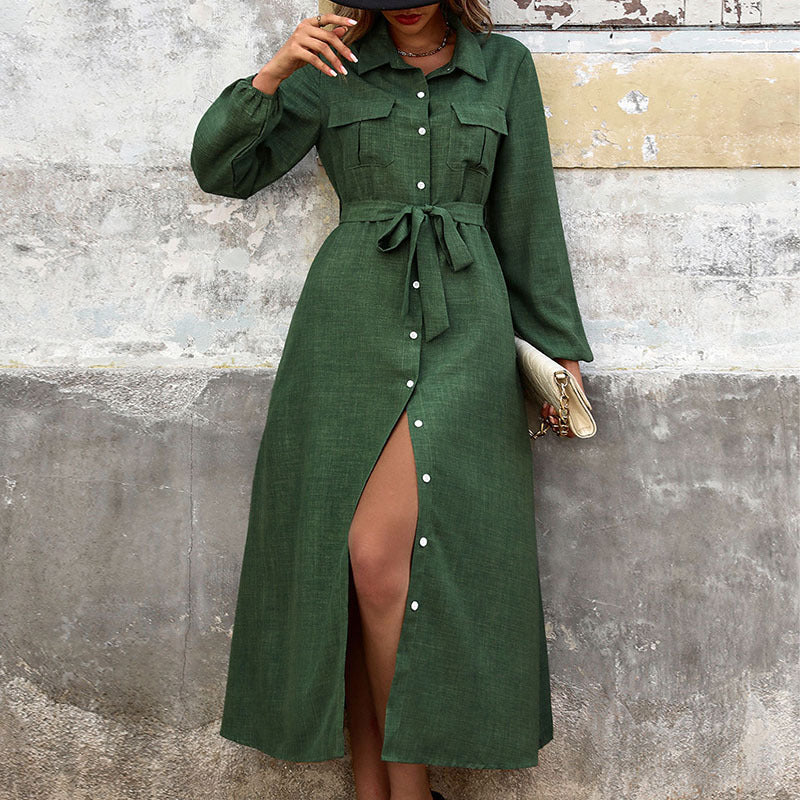 A-Line Midi Shirt Dress with Lapel Collar and Pockets