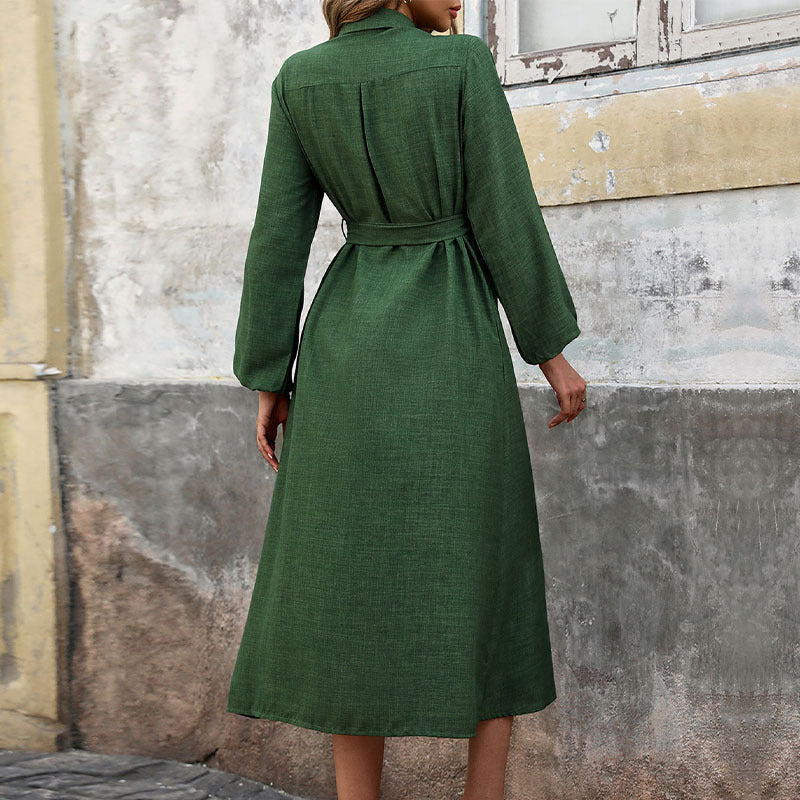 A-Line Midi Shirt Dress with Lapel Collar and Pockets