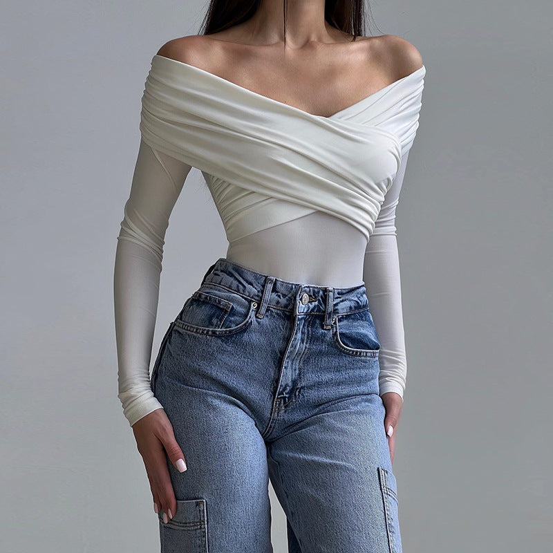 Bodycon Off-Shoulder Bodysuit with Ruched Cross-Front Detail