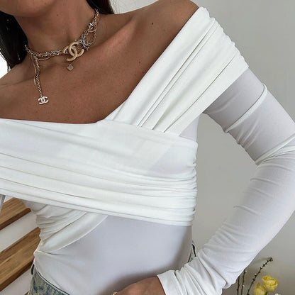 Bodycon Off-Shoulder Bodysuit with Ruched Cross-Front Detail