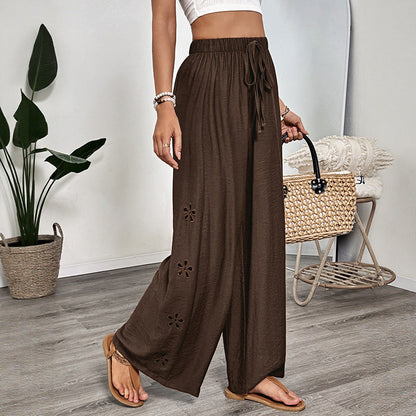 High-Waist Wide-Leg Pants with Floral Embroidery