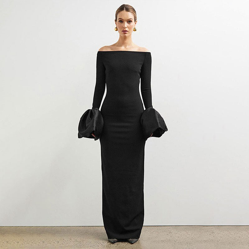 Off-the-Shoulder Bodycon Maxi Dress with Bell Sleeves