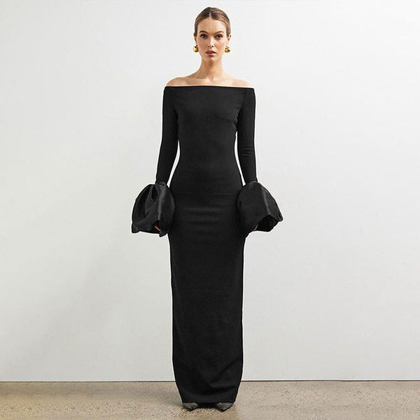 Off-the-Shoulder Bodycon Maxi Dress with Bell Sleeves