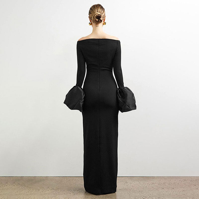 Off-the-Shoulder Bodycon Maxi Dress with Bell Sleeves