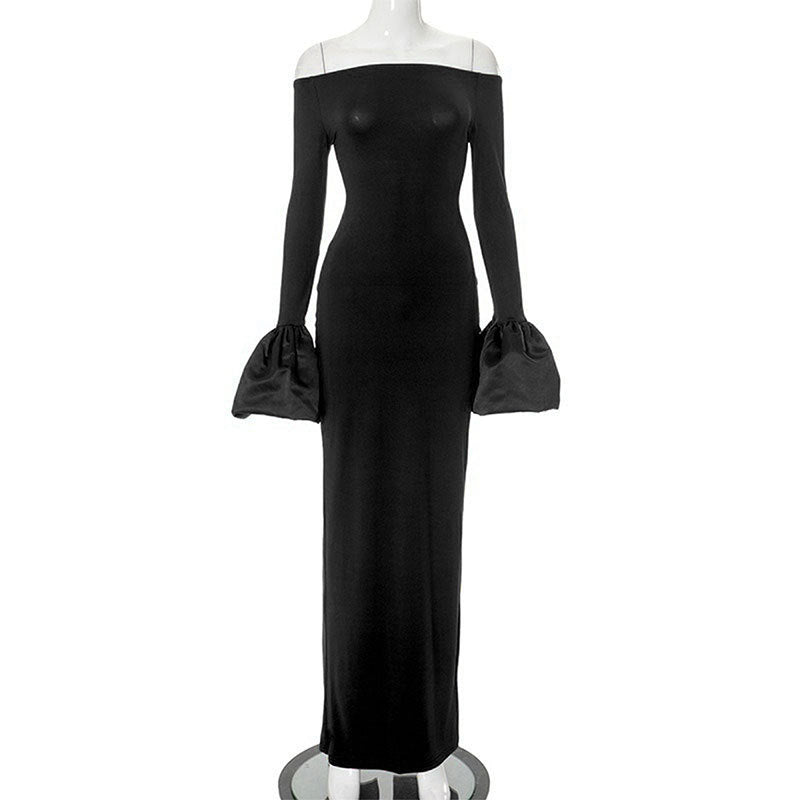 Off-the-Shoulder Bodycon Maxi Dress with Bell Sleeves