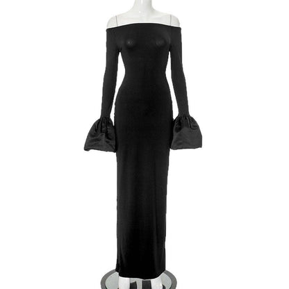 Off-the-Shoulder Bodycon Maxi Dress with Bell Sleeves