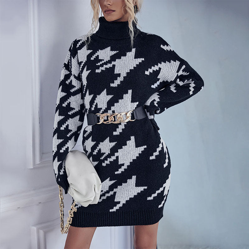 Houndstooth Knit Sweater Dress with High Collar and Long Sleeves
